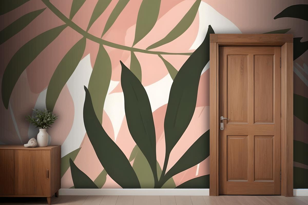 Abstract Tropical Leaves In Shades Of Green And Pink On A Light Wallpaper Mural