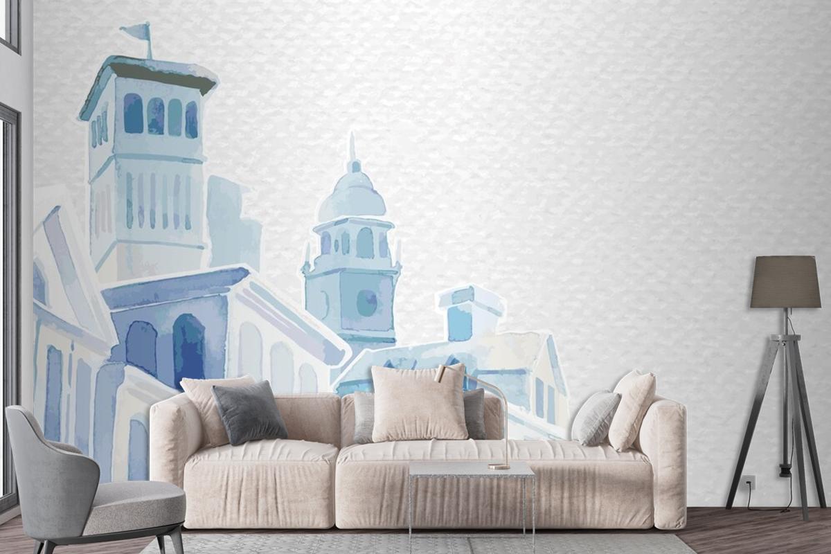 Architectural Mediterranean Buildings In Watercolor On White Paper Textured Living Room Wallpaper Mural