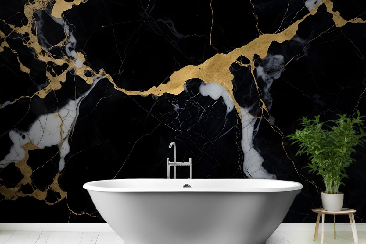 Black & Gold Dark Marble Effect Wallpaper Mural