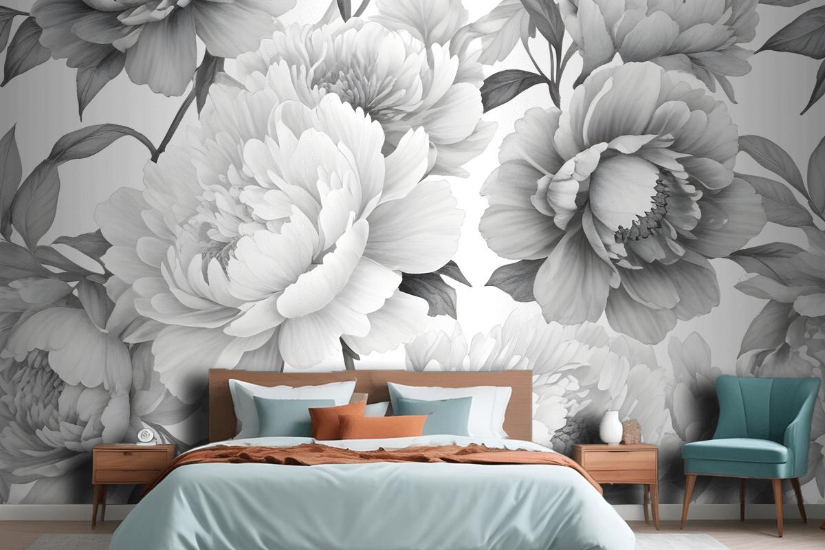 Black And White Floral Pattern With Large Lush Wallpaper Mural