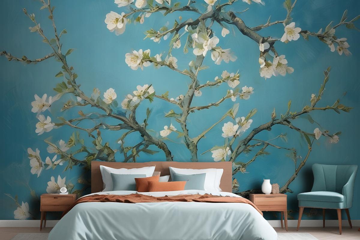 Blooming Almond Tree Branches Against A Blue Sky Wallpaper Mural