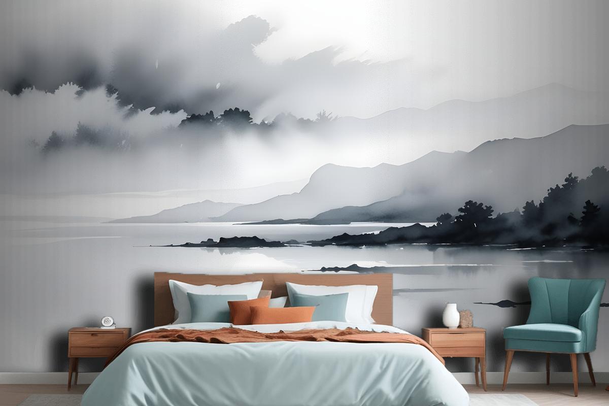 Blue Gray Watercolor Lake Landscape Wallpaper Mural