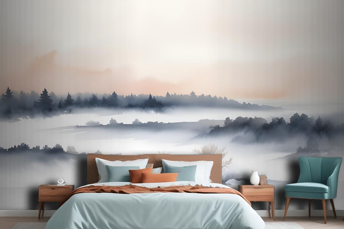 Calm Watercolor Sky And Landscape Wallpaper Mural