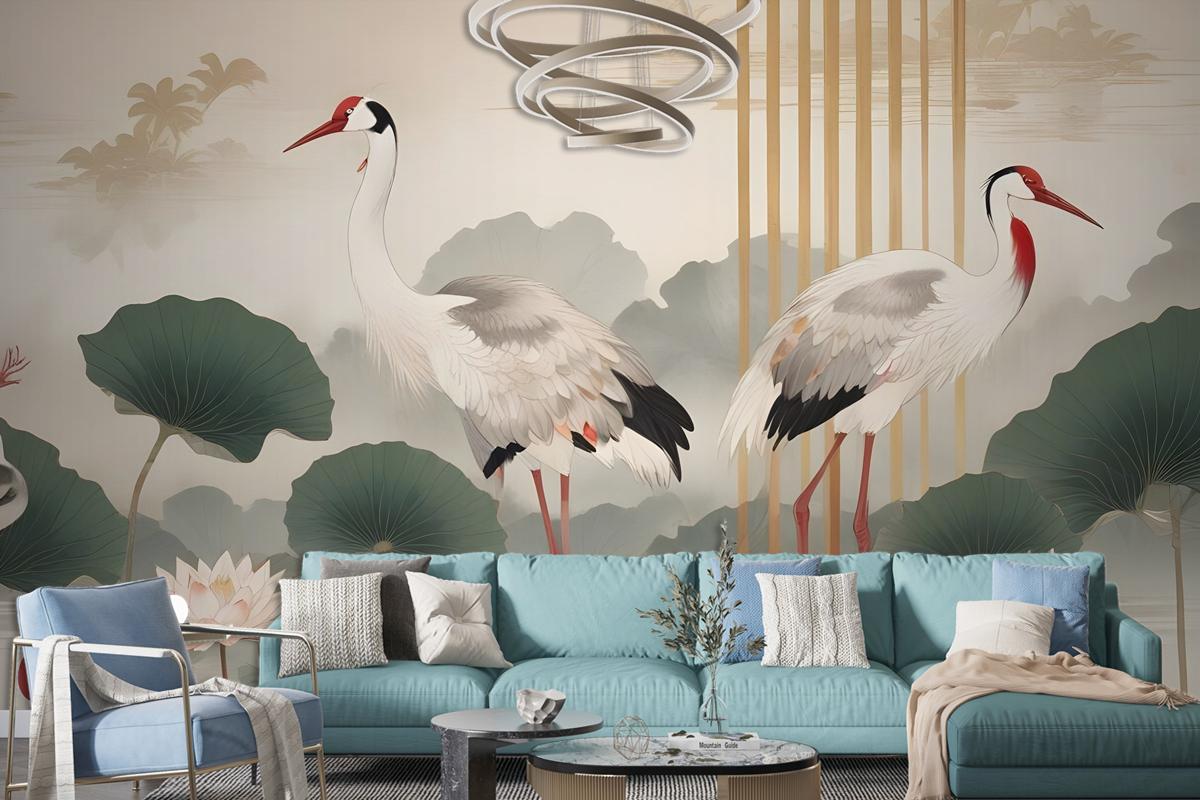 Chinese Crane Birds With Lotus Florals Bedroom Wallpaper Mural