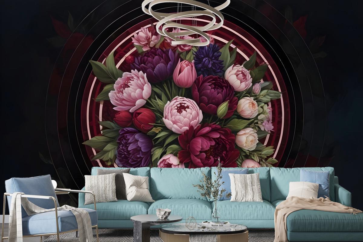 Circle Dark Floral Bedroom Wallpaper Mural