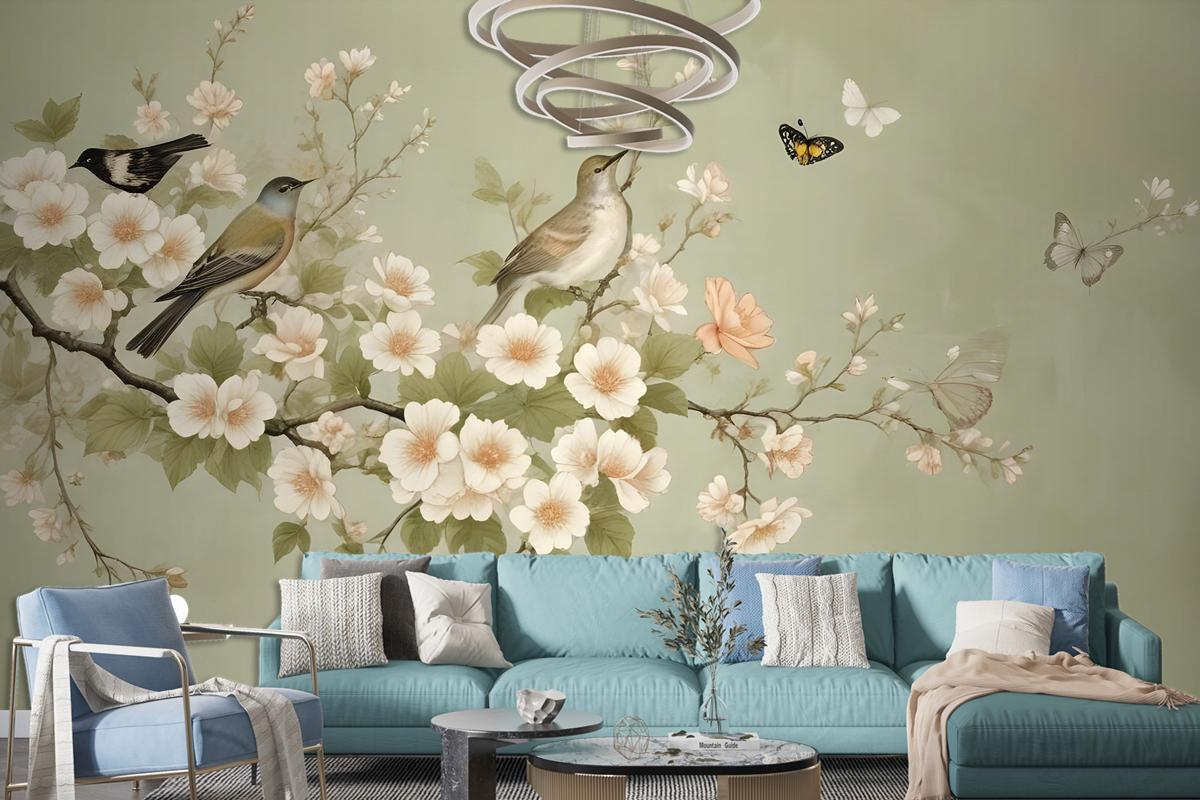 Cream Begonia Blossom Floral Art Bedroom Wallpaper Mural