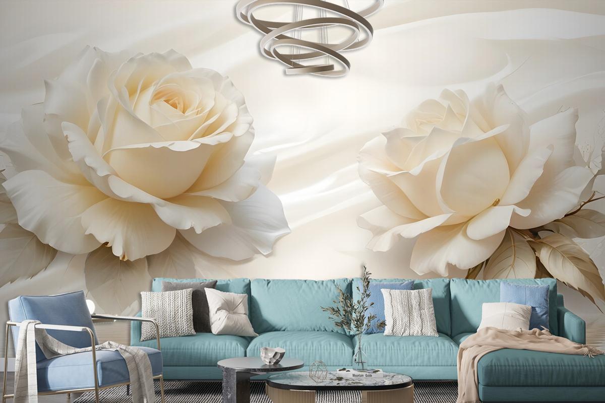 Cream Rose Floral With Water Pattern Bedroom Wallpaper Mural