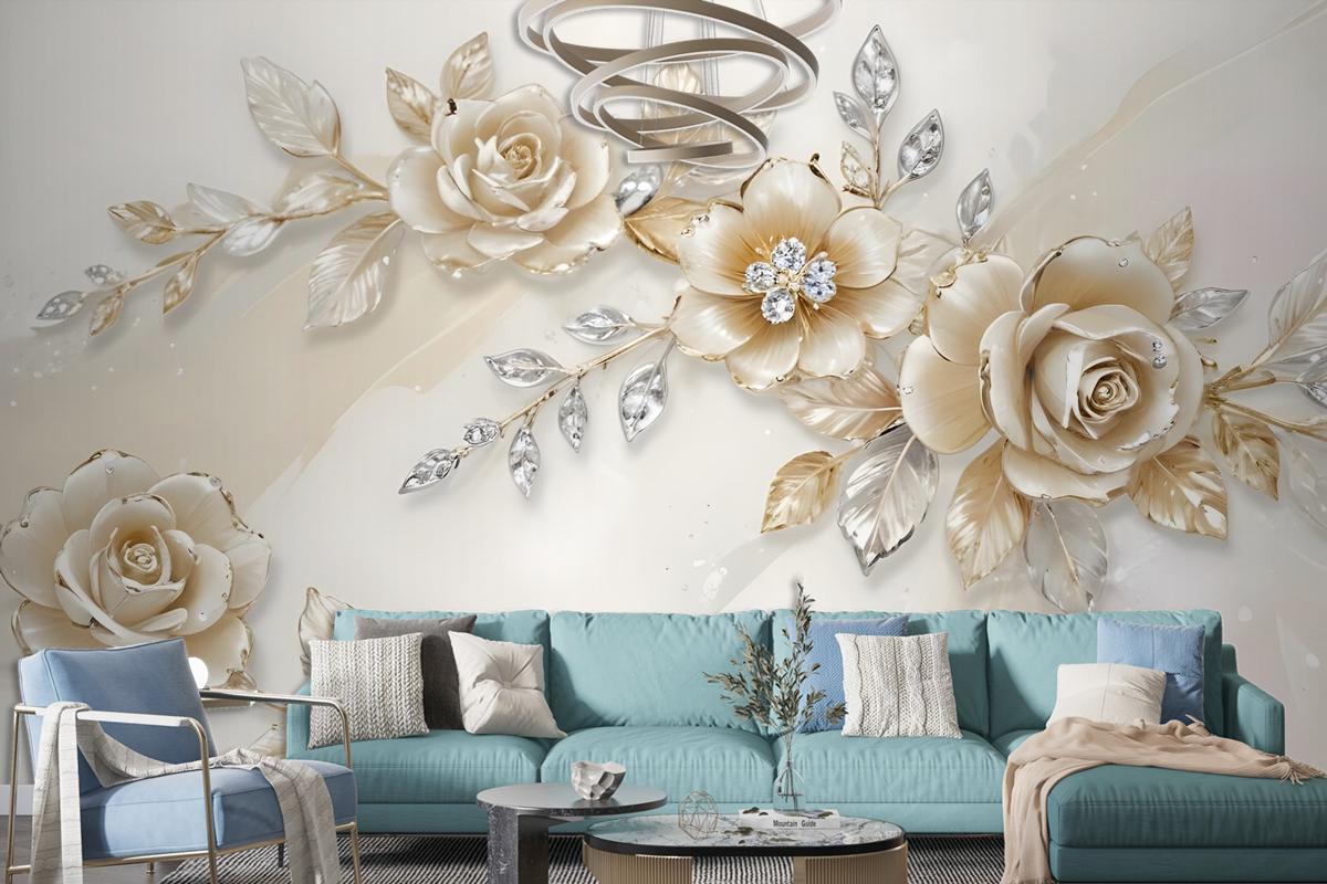 Cream Swarovski Rose Floral Bedroom Wallpaper Mural