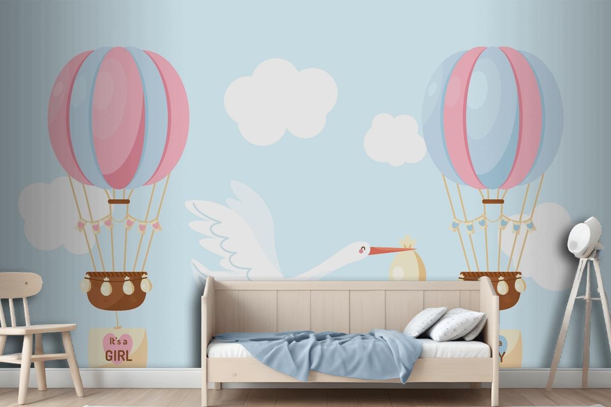 Cute Flat Design Blue Pink Balloon Wallpaper Mural