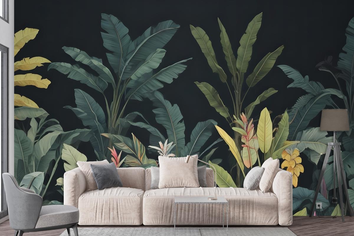 Dark Background Large Green Leaves Banana Plants Colorful Flowers Wallpaper Mural