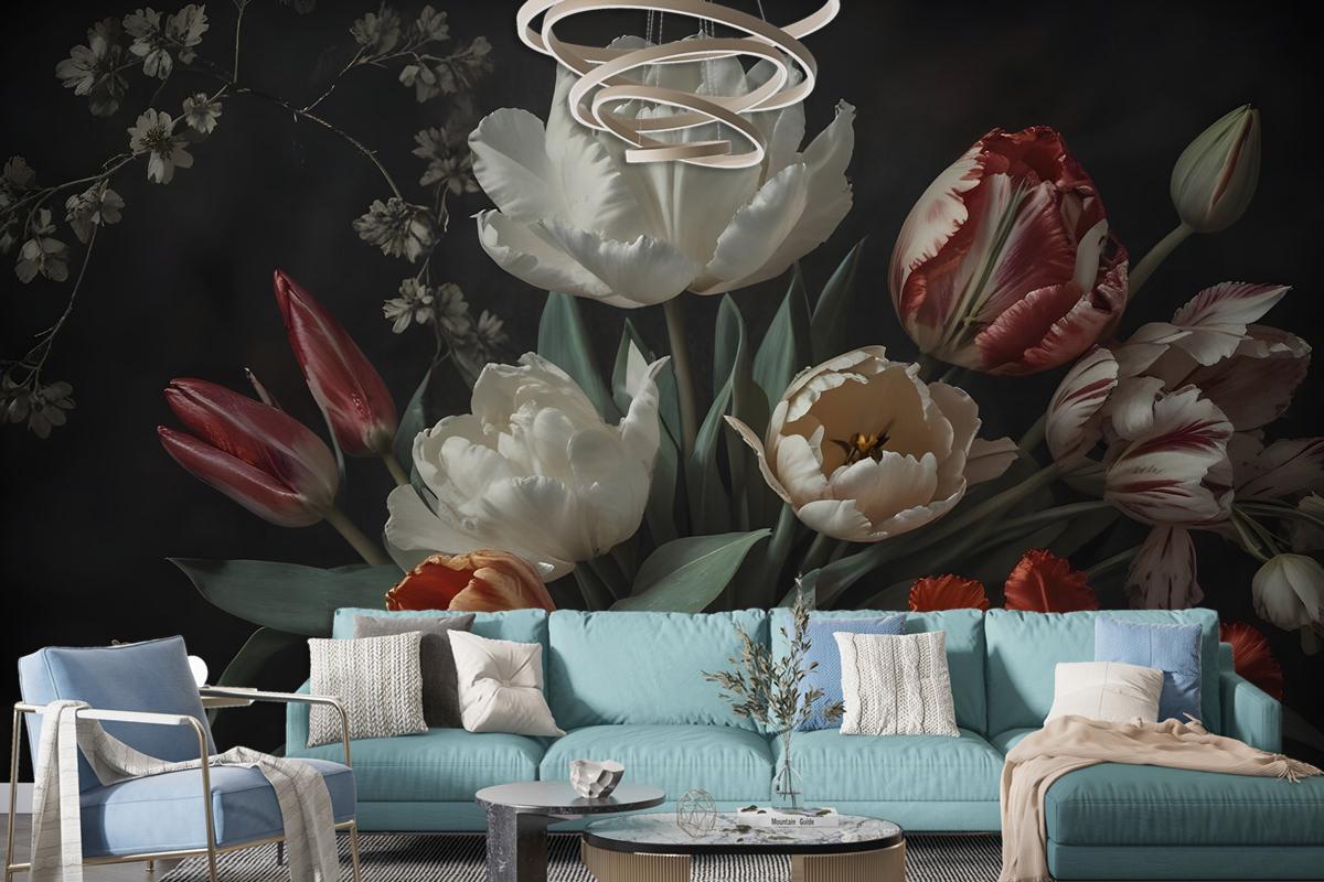 Dark Floral Dutch Bouquet With Tulips Bedroom Wallpaper Mural
