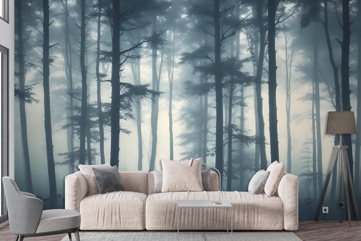 Dense Misty Forest With Tall Slender Trees And A Foggy Atmosphere Wallpaper Mural