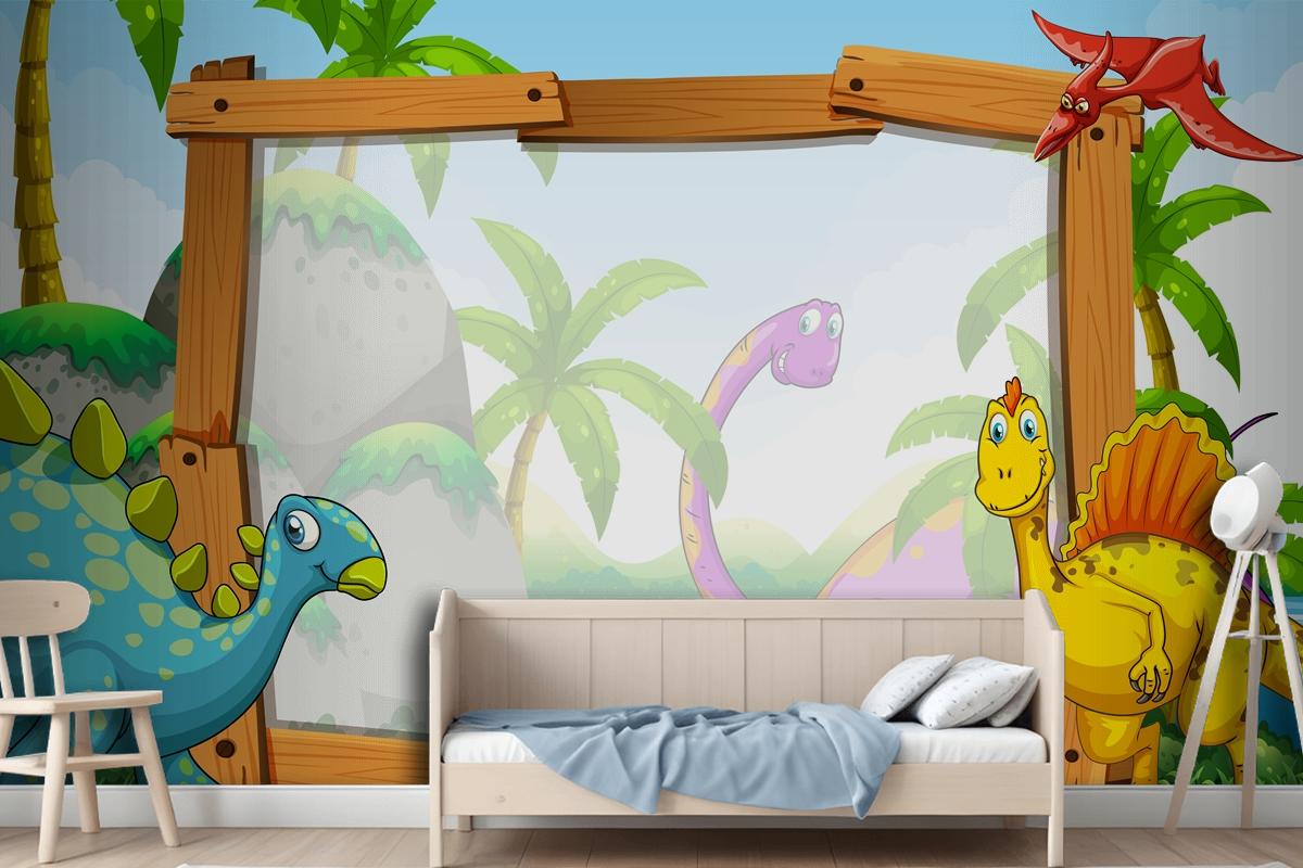 Dinosaurs By The Wooden Frame Wallpaper Mural