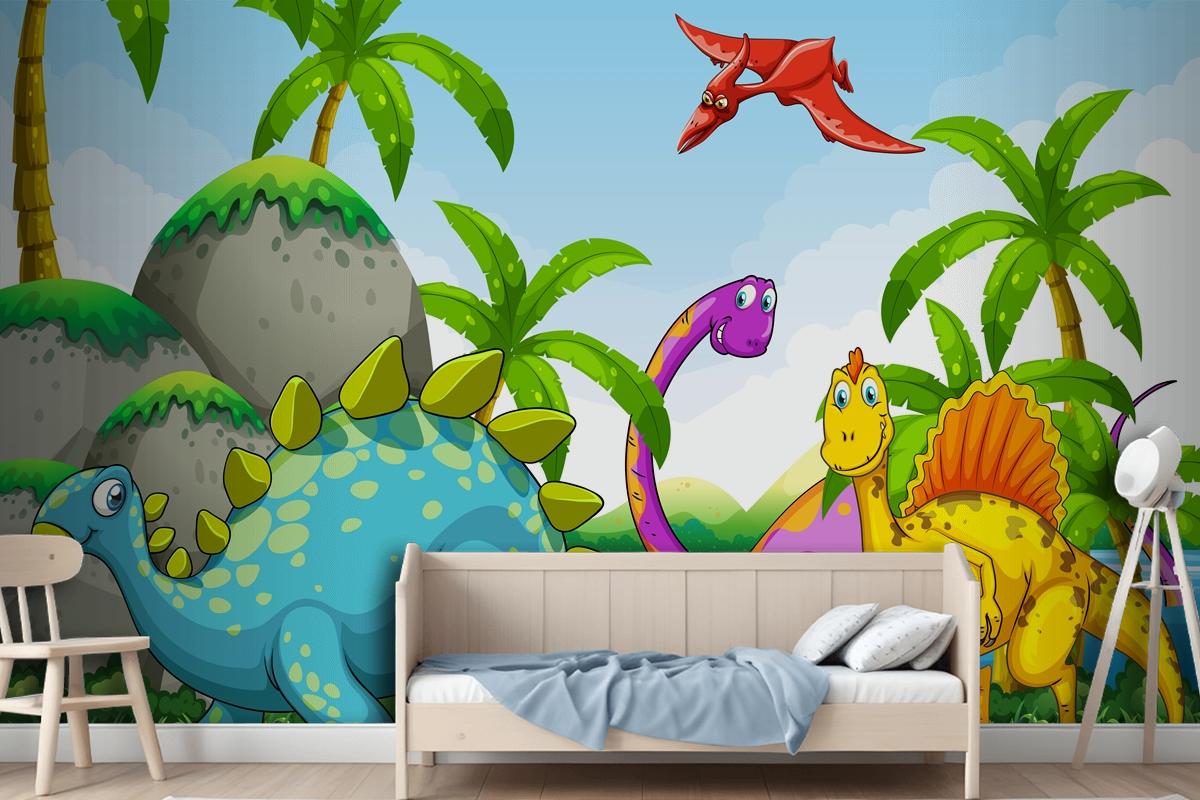 Dinosaurs Living In The Jungle Wallpaper Mural