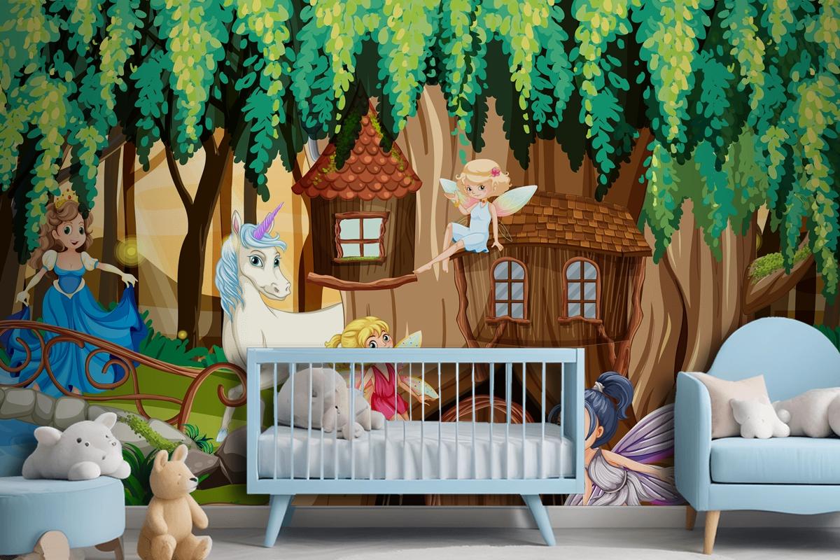 Fantasy Forest With Fairies And Unicorn Wallpaper Mural