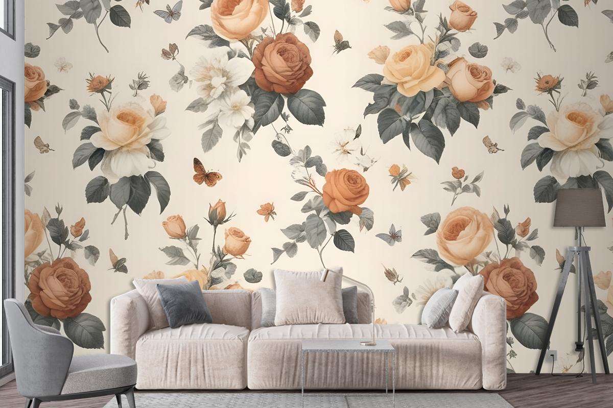 Floral Pattern With Various Types Of Roses Wallpaper Mural