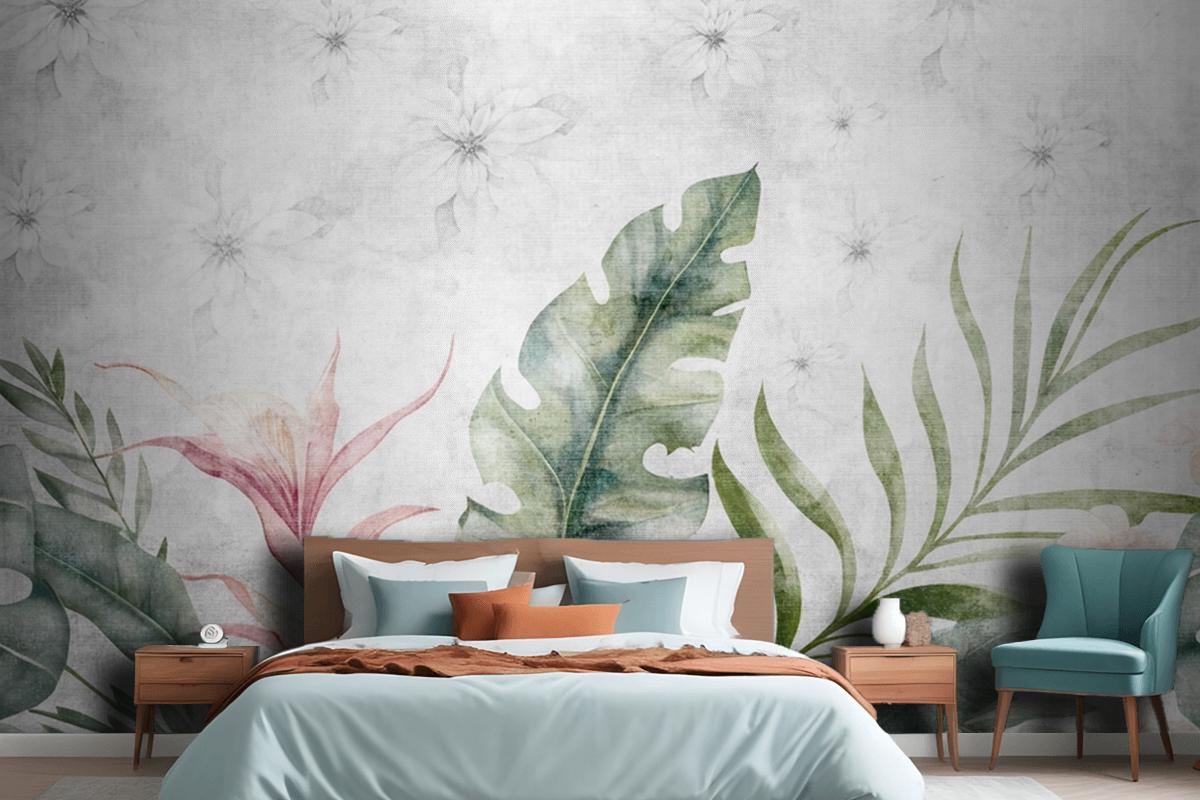 Green Branches Tree Leaves On Drawing Gray Bedroom Wallpaper Mural