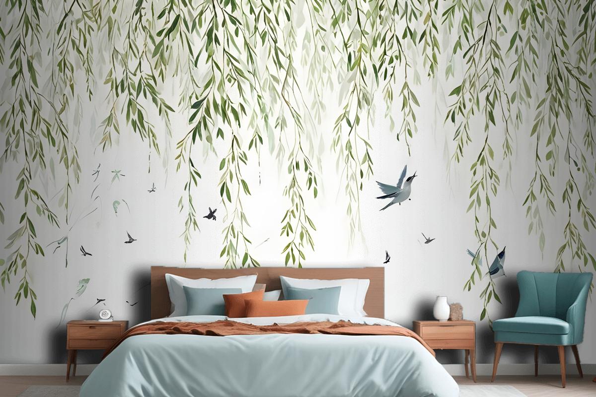 Green Hanging Leaves With Colorful Birds Wallpaper Mural