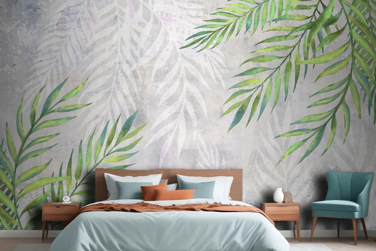 Leaves In The Corners On A Light Textured Bedroom Wallpaper Mural