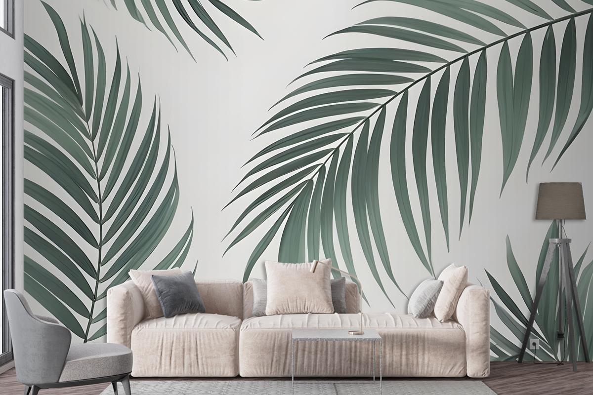 Light Background Palm Leaves Various Shades Green Wallpaper Mural