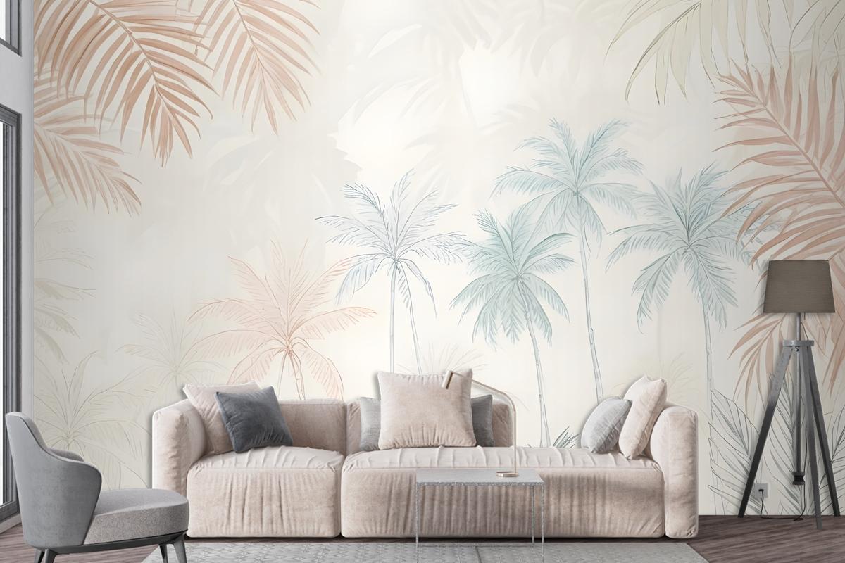 Minimalist Pink & Green Inky Tropical Wallpaper Mural
