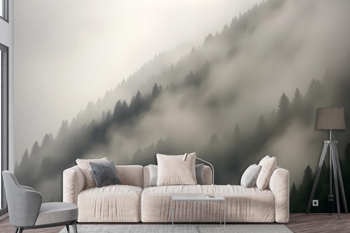 Misty Mountain Landscape With Dense Fog Covering The Forested Slopes Wallpaper Mural