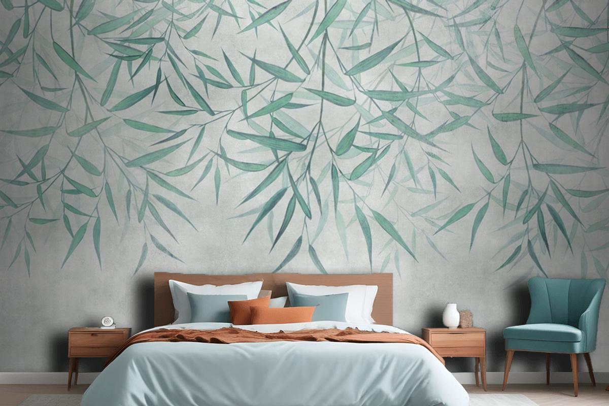 Painted Reed Bamboo Leaves Hanging From Above On A Textured Background Bedroom Wallpaper Mural