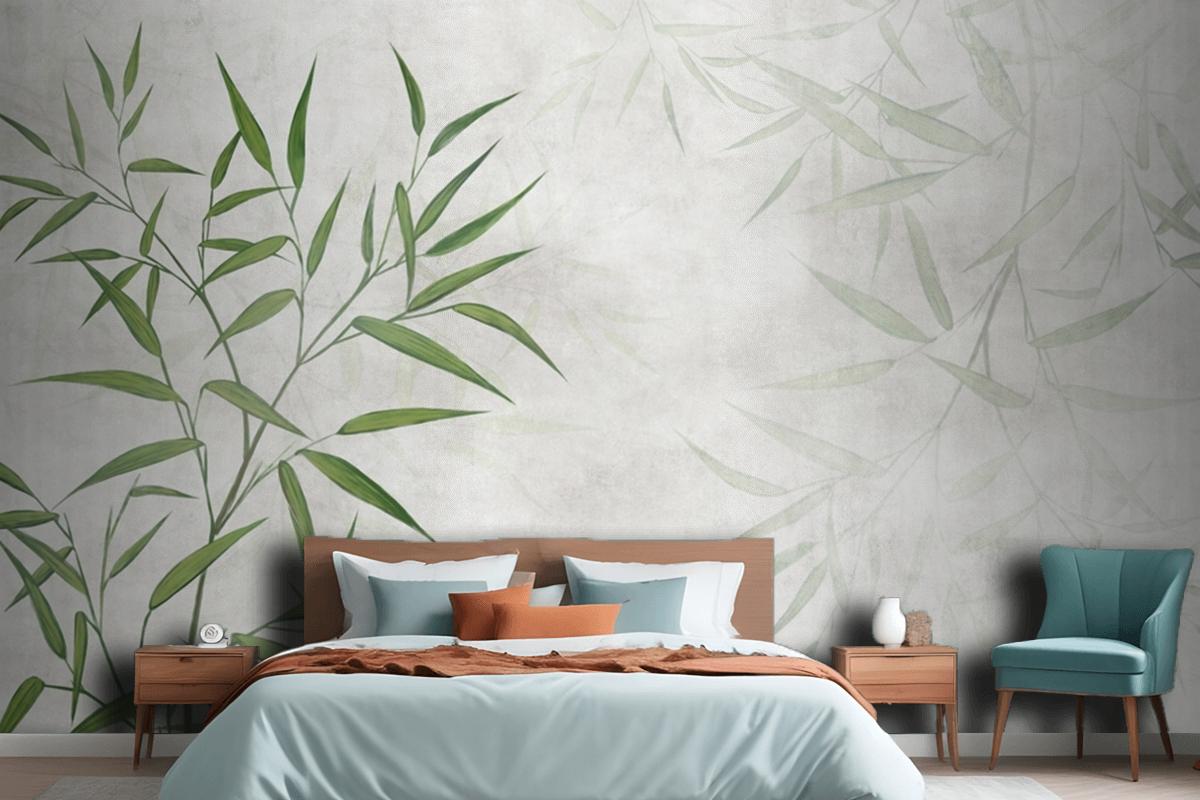 Painted Reed Bamboo Leaves On A Textured Background Bedroom Wallpaper Mural