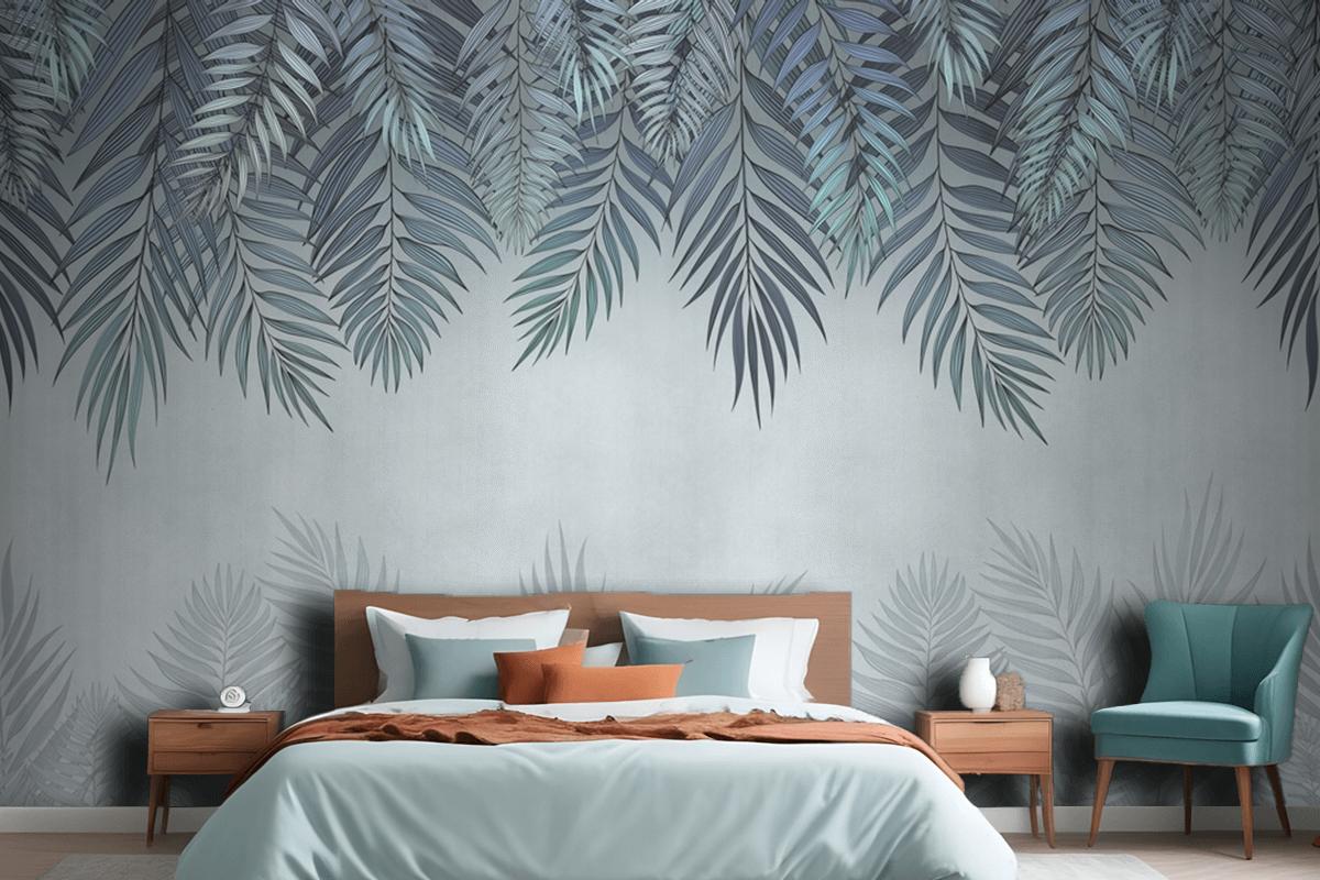 Palm Leaves In Pale Blue Flowers Bedroom Wallpaper Mural