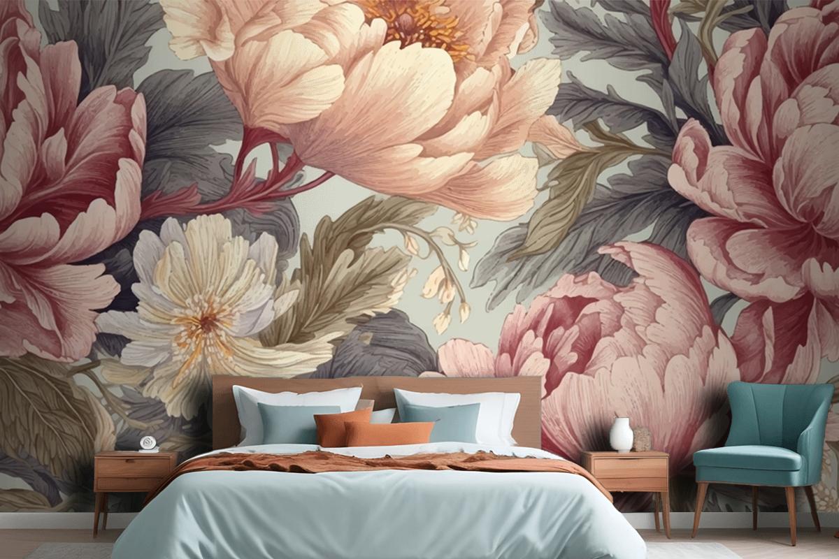 Seamless Boho Floral Pattern With Pink Peony Flowers Bedroom Wallpaper Mural