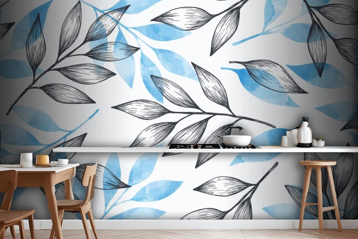 Simple Background With Gray And Blue Leaves Wallpaper Mural