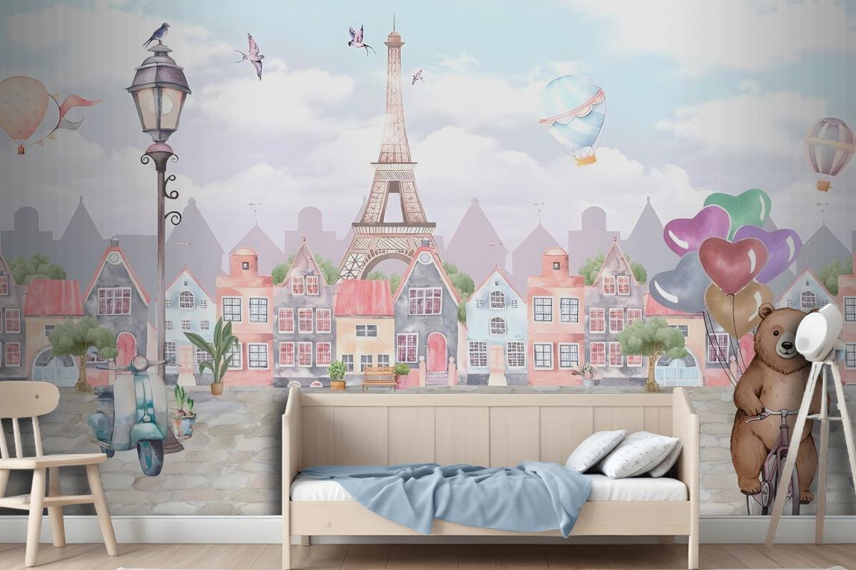 Sweet Teddy Bear in Paris Kids Room Wallpaper Mural