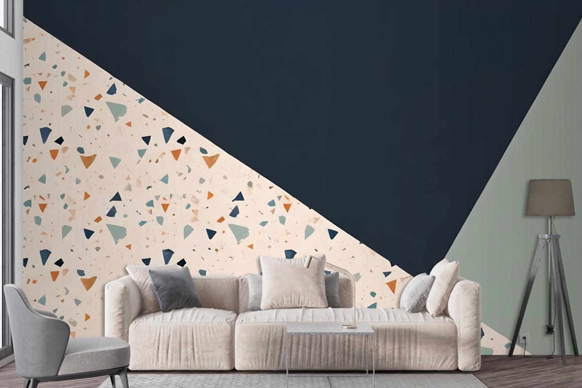 Terrazzo Style Pattern With Various Shapes Blue And Light Green Wallpaper Mural
