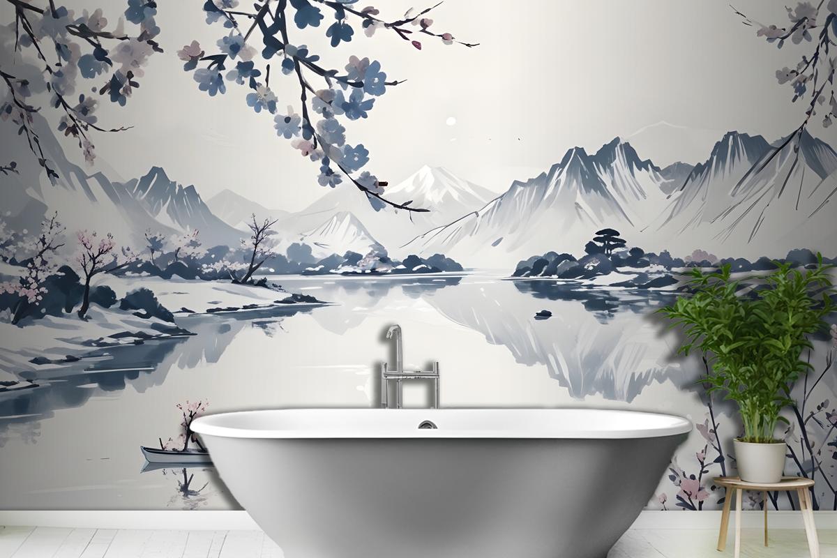 Traditional Chinese Willow & Mountain Ink Wallpaper Mural