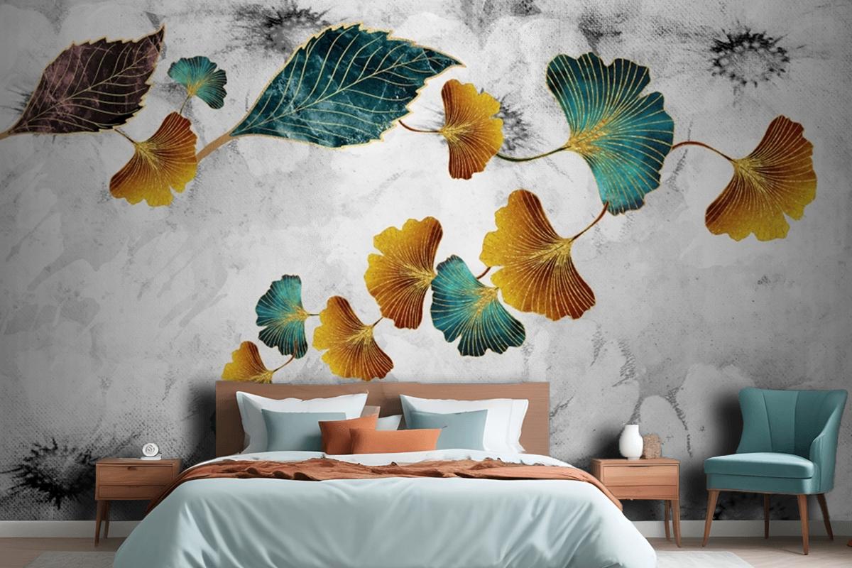 Turquoise And Golden Ginkgo Leaves In Light Gray Canvas Paint Bedroom Wallpaper Mural