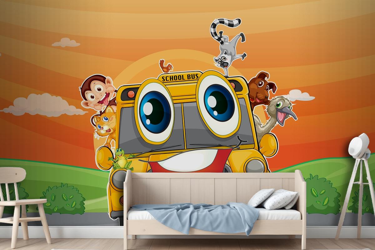 Various Animals In School Bus Wallpaper Mural