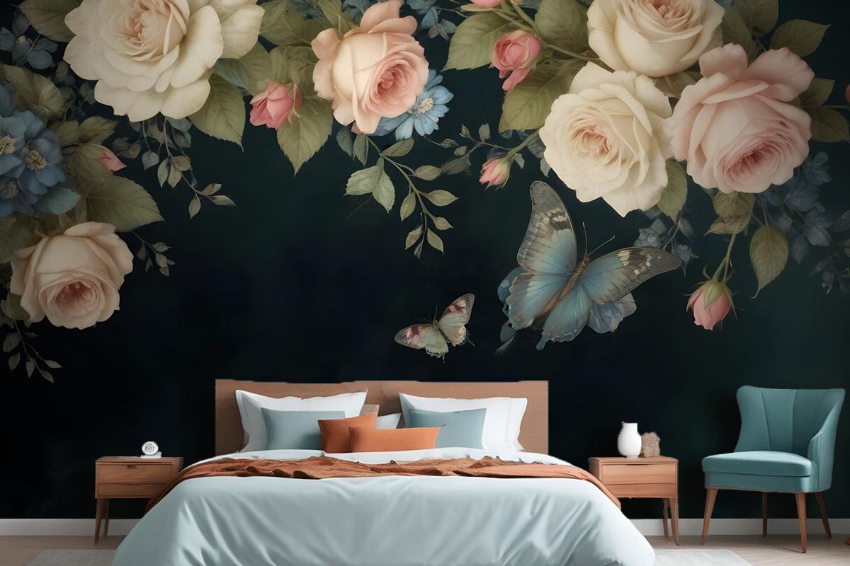 Vintage Oil Painting Dark Roses Bedroom Wallpaper Mural