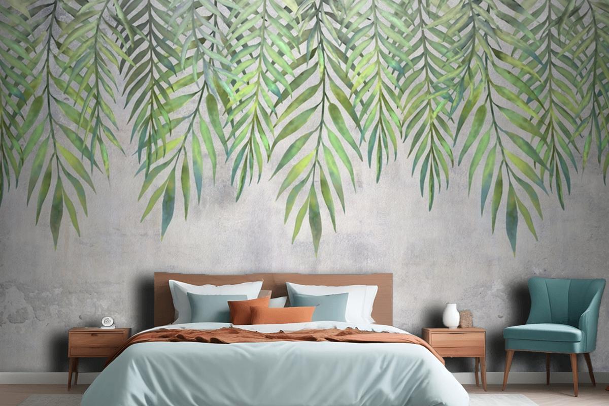 Watercolor Leaves Hanging From Above Bedroom Wallpaper Mural