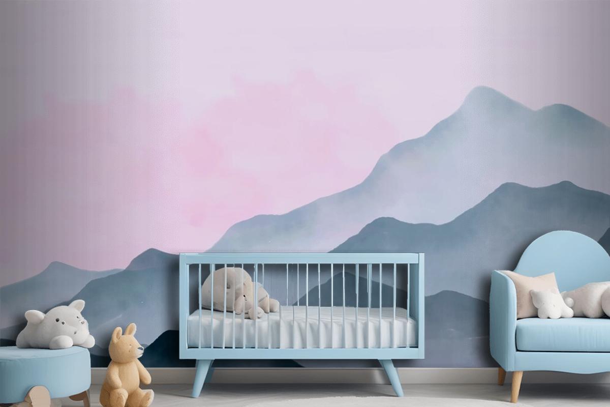 Watercolor Mountains Background With Pink Sky Wallpaper Mural