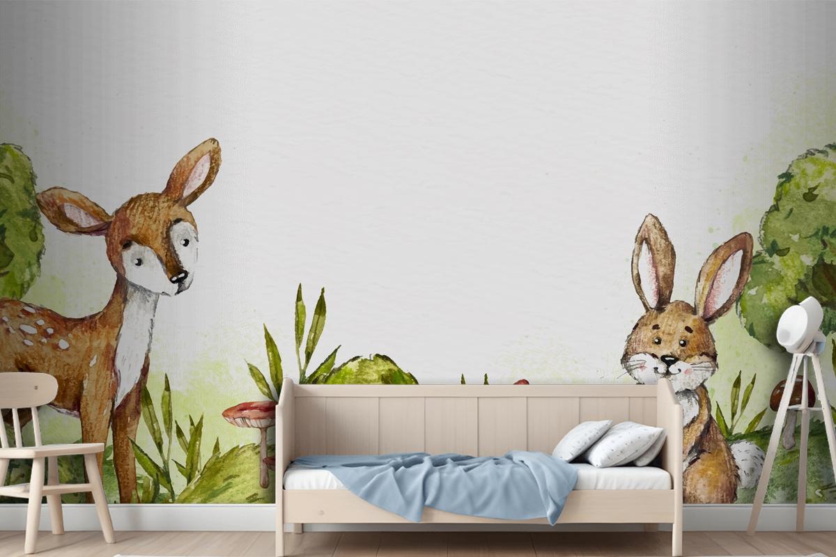 Watercolor Rabbit And Deer In Forest Wallpaper Mural