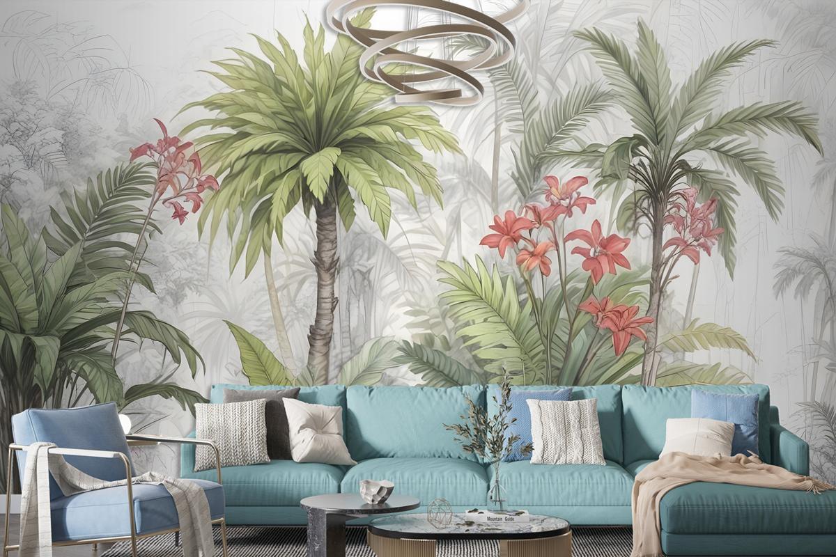 Watercolor Tropical Leaf And Flowers Wallpaper Mural