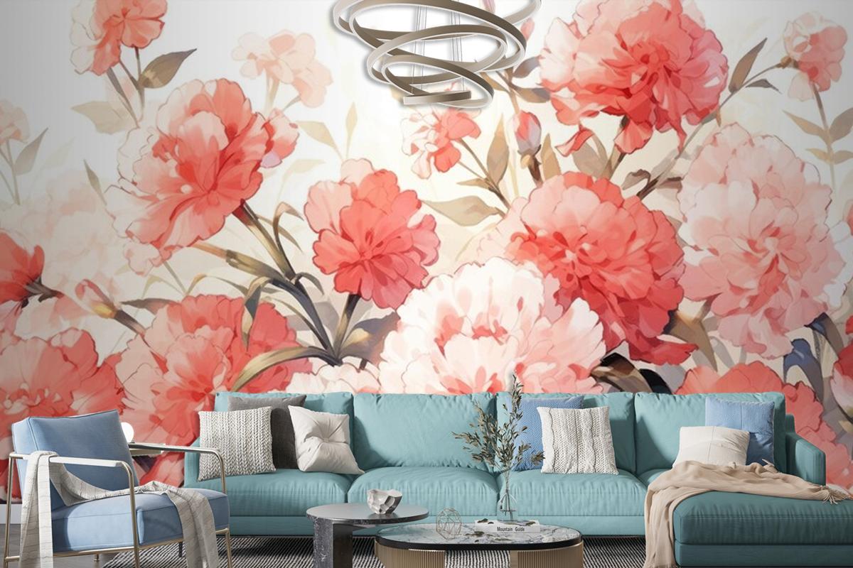 Watercolor Vintage Carnations Pattern With Complementary Colors Wallpaper Mural