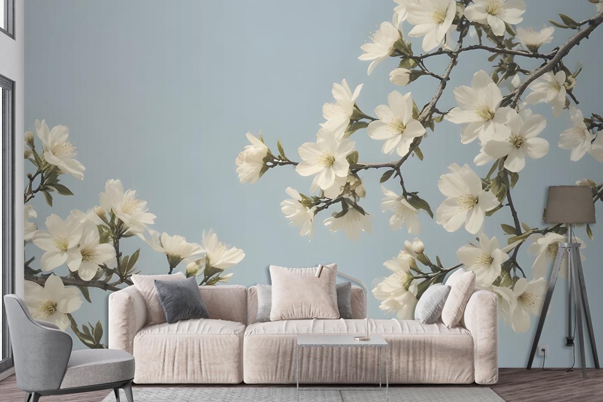 White Flowers Blooming On Tree Branches Against A Pale Blue Sky Wallpaper Mural