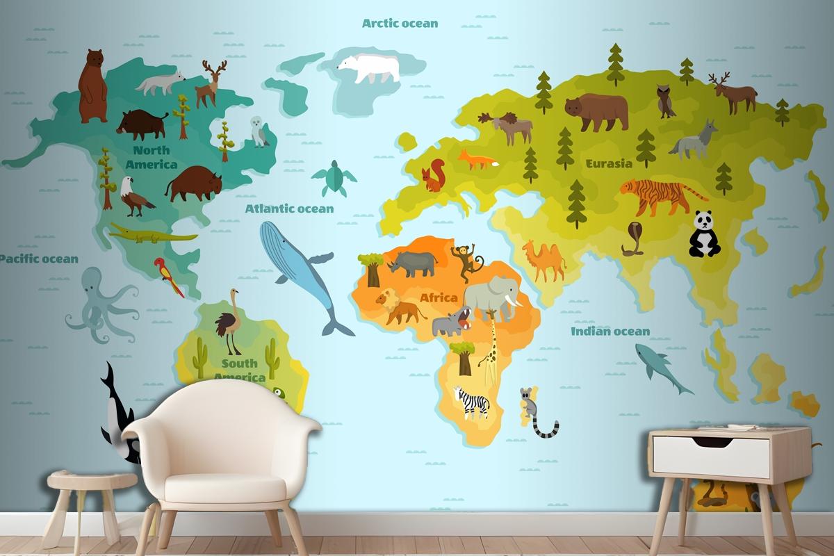 Funny Cartoon Animal World Map For Children With The Continents Wallpaper Mural