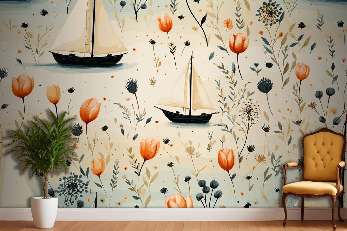 Sea Animals A Lighthouse And A Boat With Shells Starfish Bedroom Wallpaper Mural