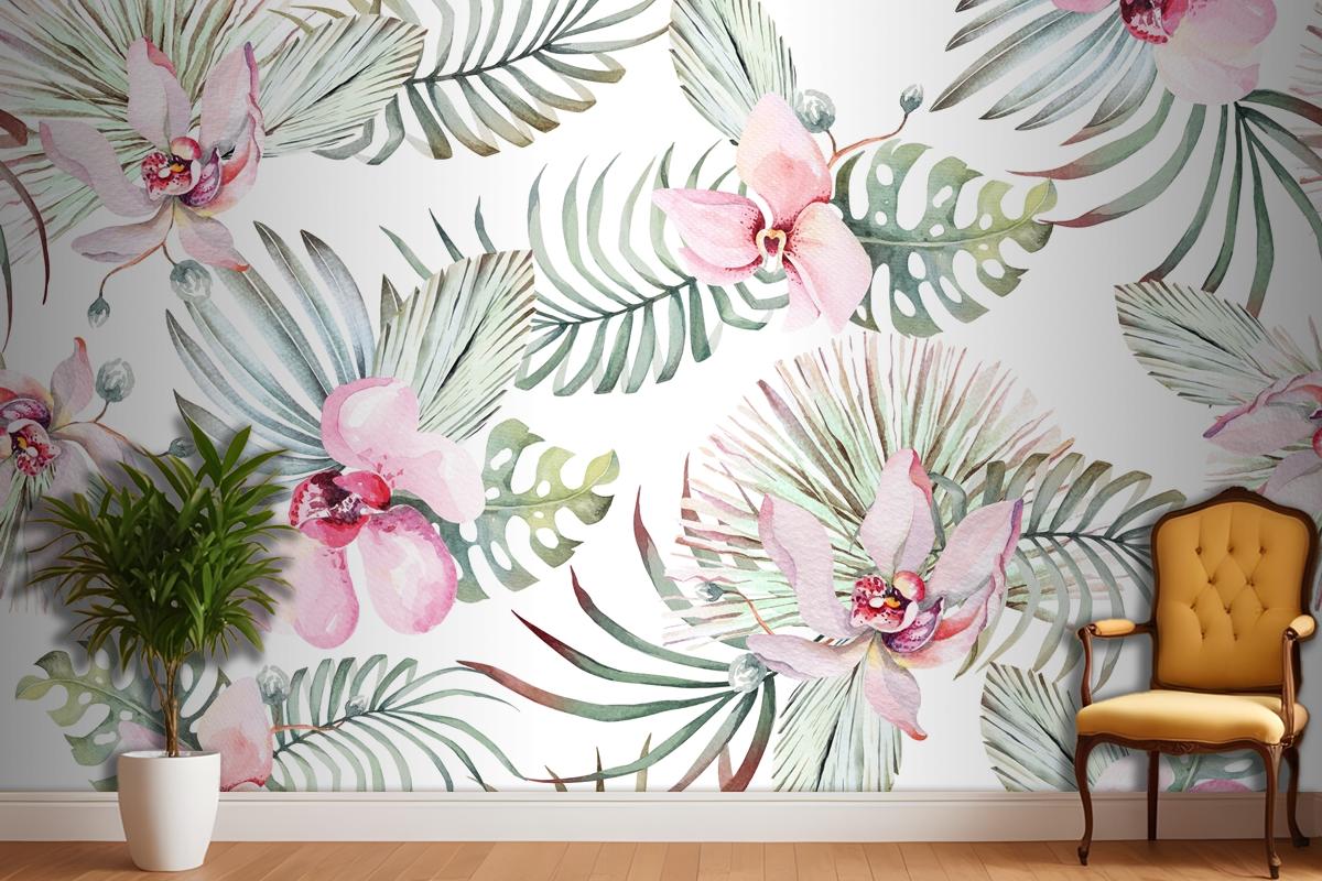 Seamless Pattern Of Tropical Plant Orchid And Flower For Fabric Bedroom Wallpaper Mural
