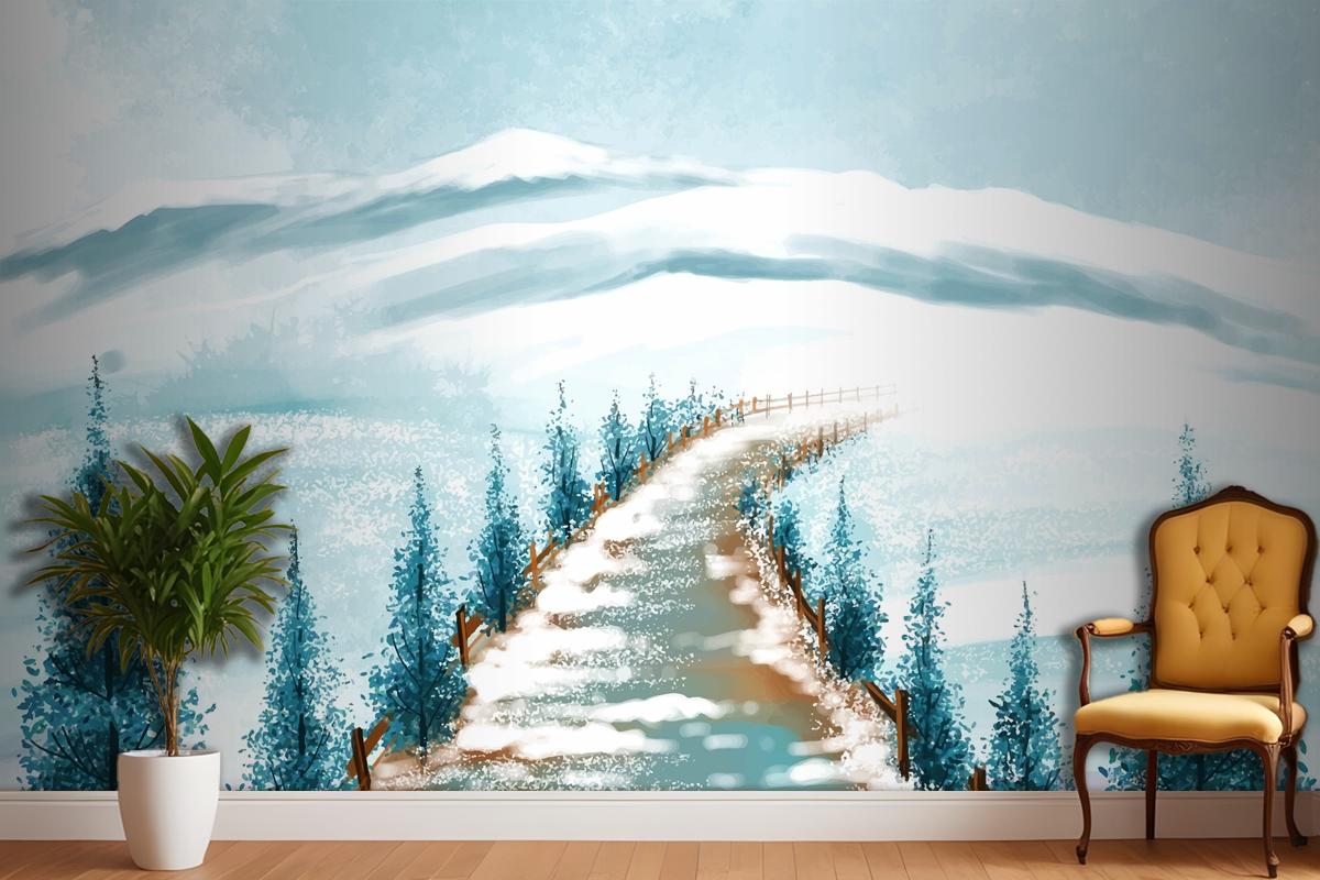 Winter Landscape With Snowy Christmas Tree Card Bedroom Wallpaper Mural