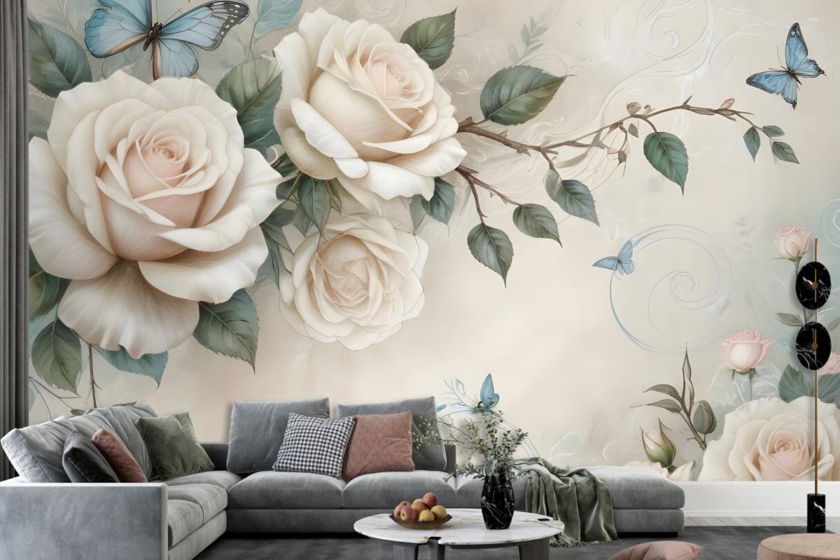 3D Look Cream Rose Floral Wallpaper Mural
