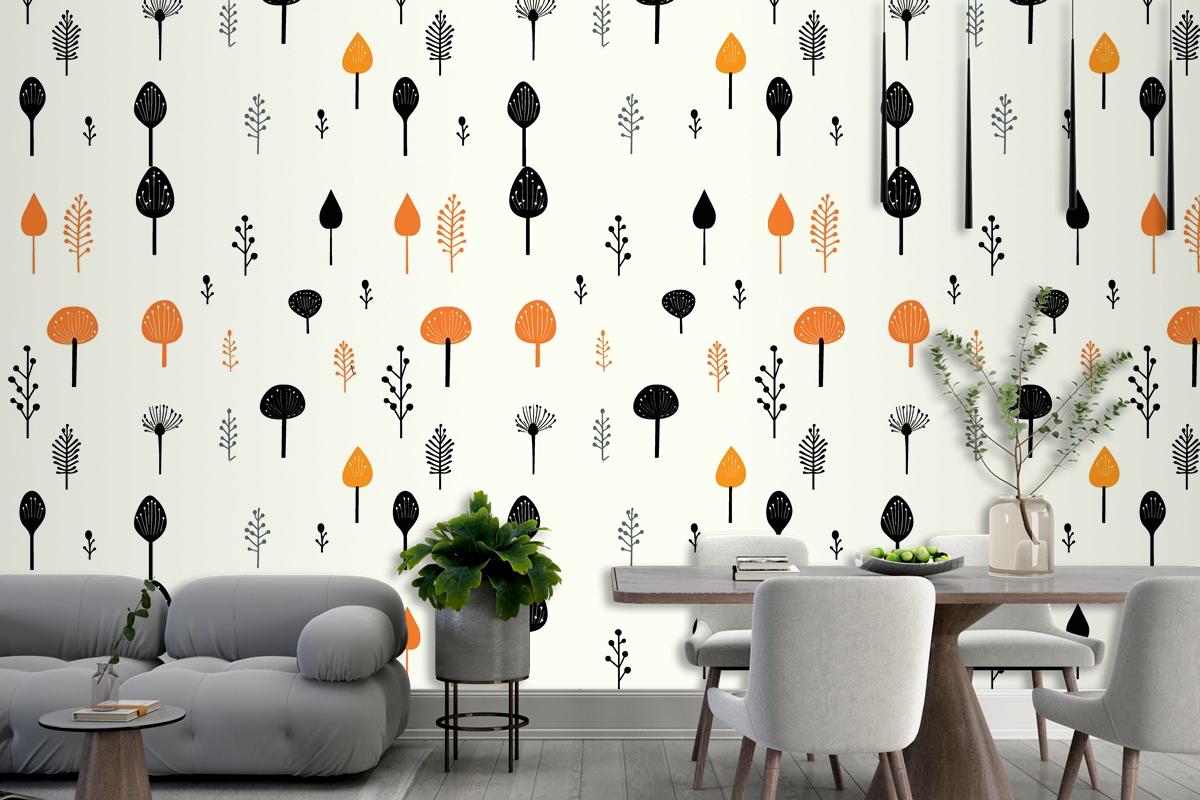 Black Mushroom And Leaf Pattern On A White Living Room Wallpaper Mural
