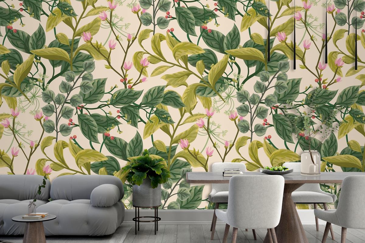Flower And Leaves Background Living Room Wallpaper Mural